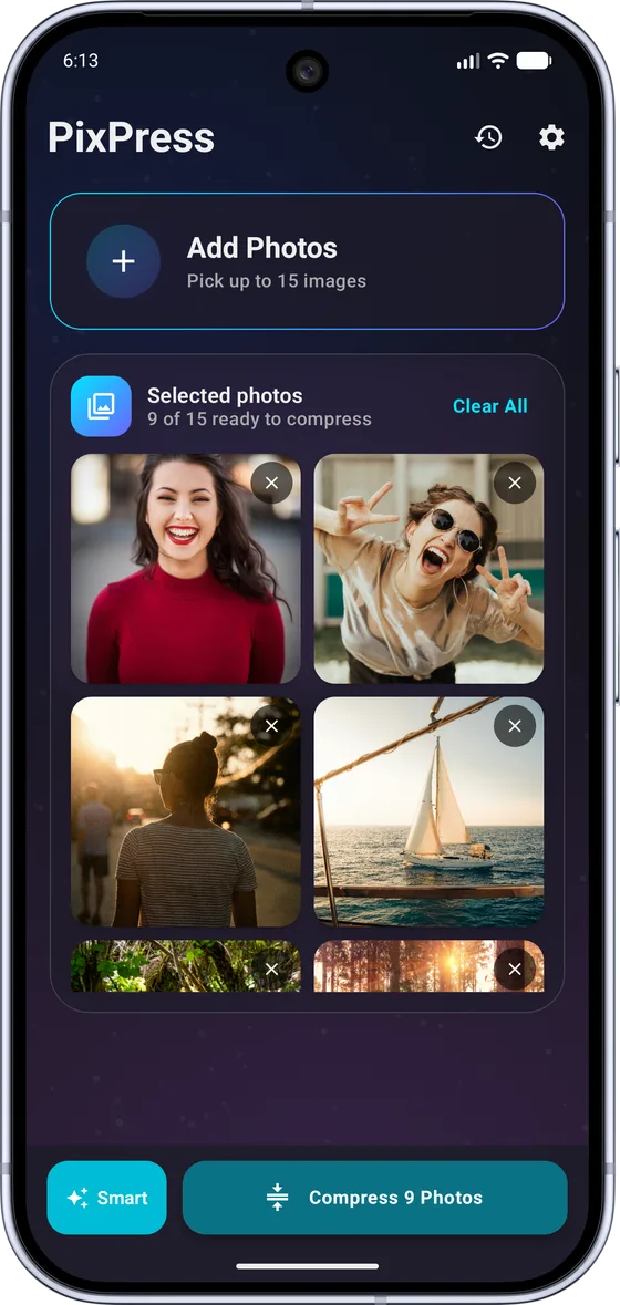 Real PixPress screenshot: batch mode with multiple selected photos