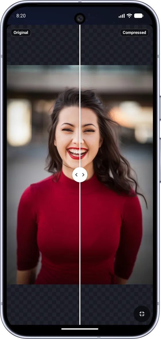 Real PixPress screenshot: fullscreen before and after comparison slider showing a portrait photo before and after compression