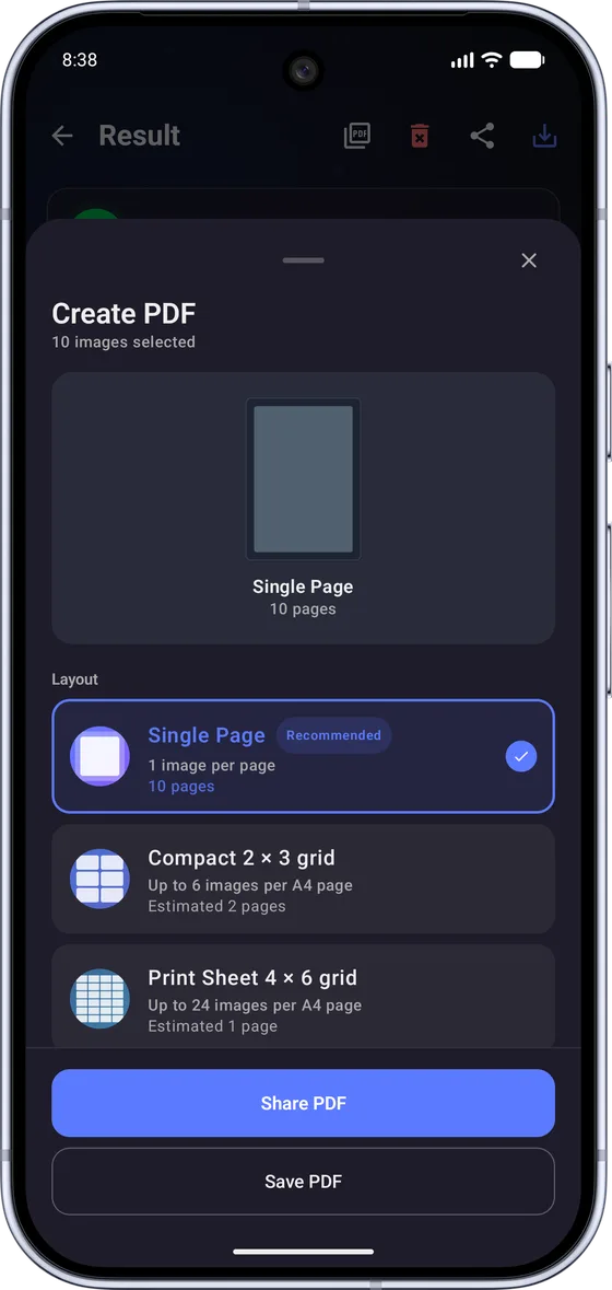 Real PixPress screenshot: Create PDF screen with layout options