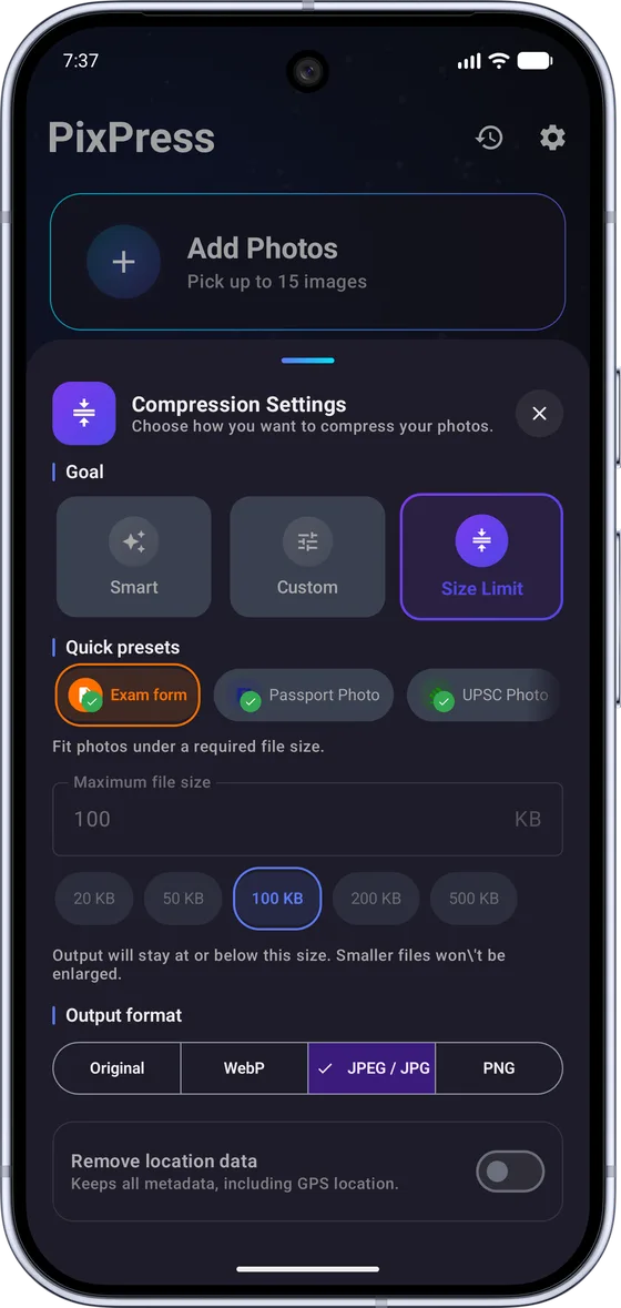 Real PixPress screenshot: Compression Settings screen with Size Limit mode and a 100 KB target